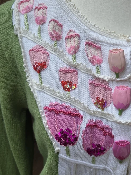 Storybook Knits Green and White Floral Appliqué Women’s Sweater Cardigan Tulips - Picture 2 of 10